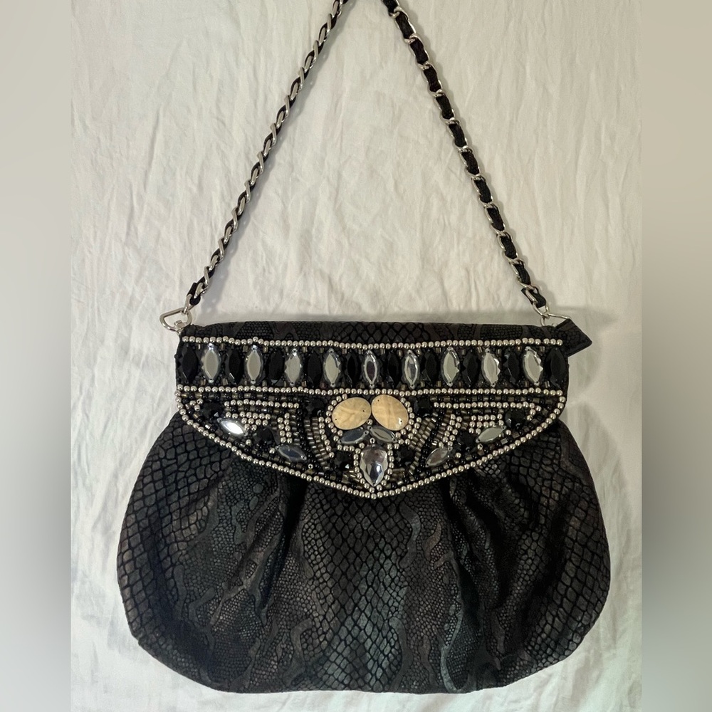 Chico’s Black Leather Shoulder Bag Chain Strap Gem Embellished Reptile Print